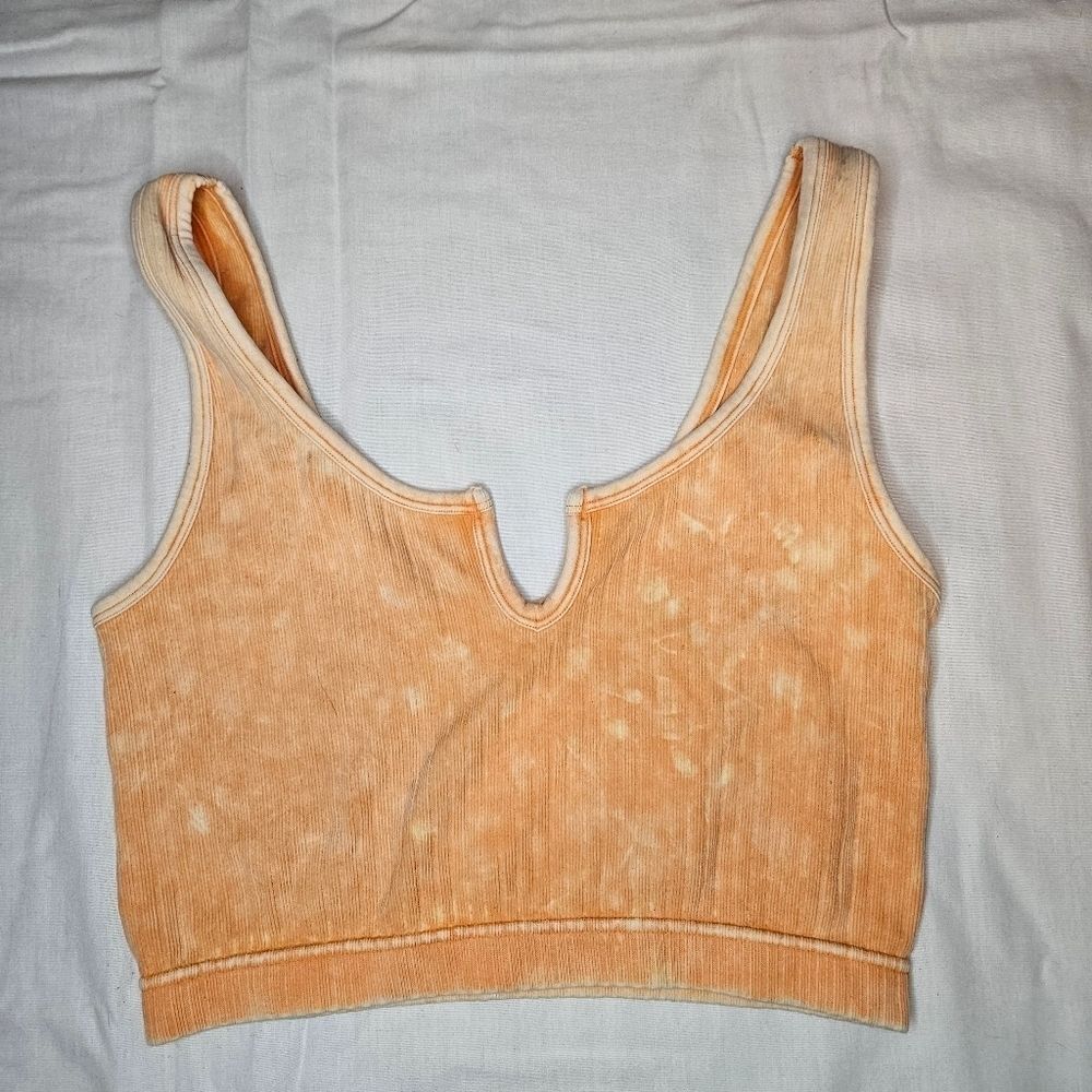 Zenana Peach Mineral Wash Ribbed Notch Neck Crop Top NWT